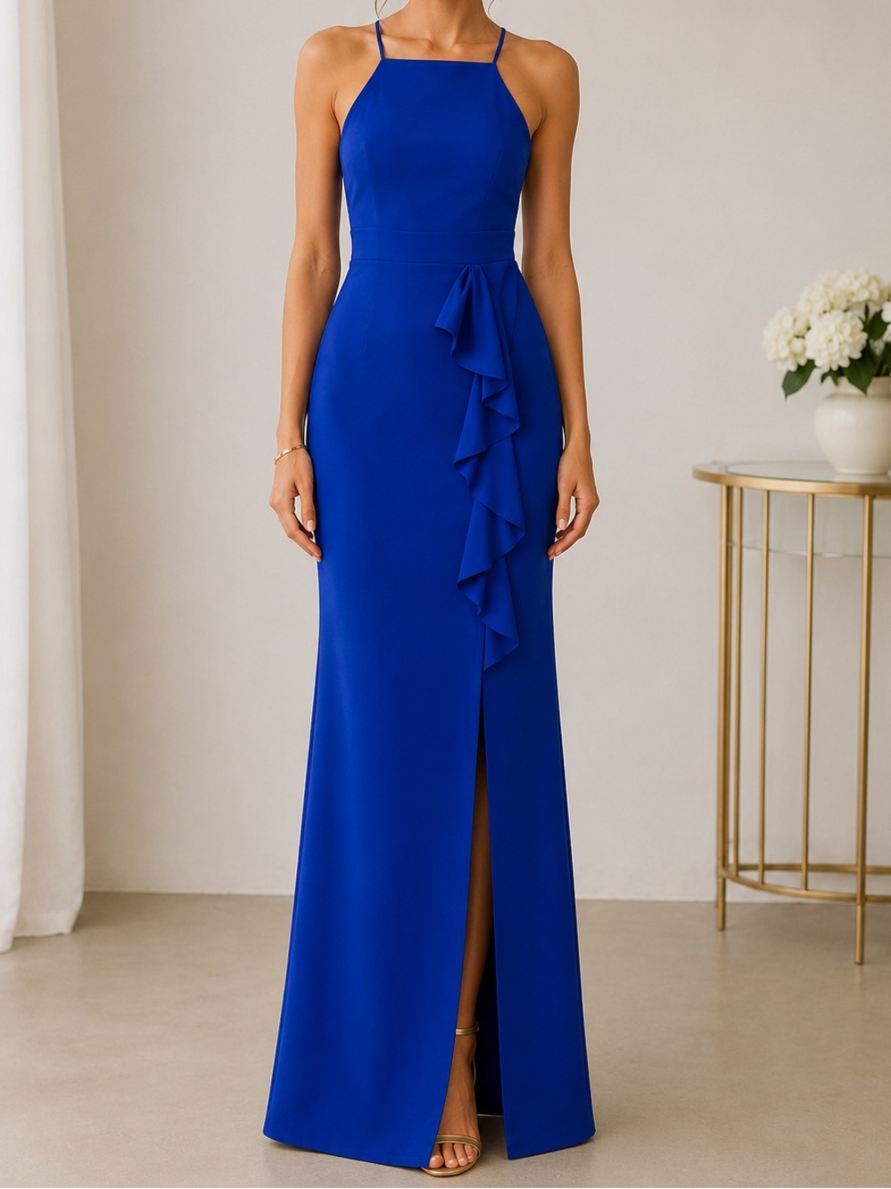Royal Blue Fit and Flare Ruffle Halter Maxi Dress
